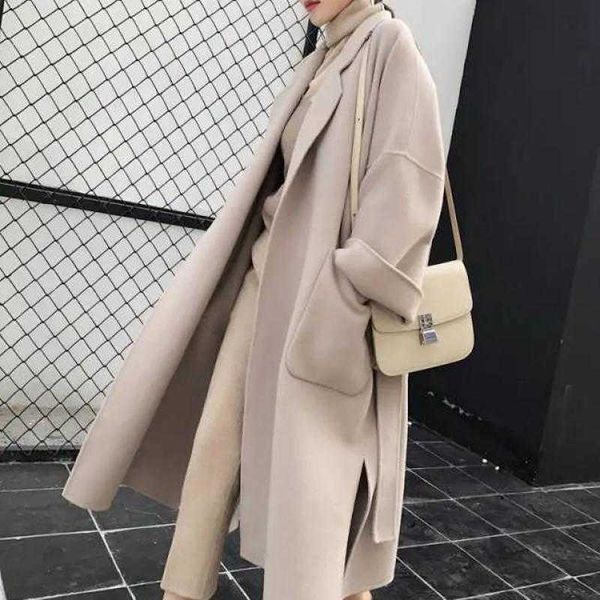 Invierno elegante mezcla de lana mujeres estilo coreano negro abrigos largos vintage minimalista abrigo de lana camello de gran tamaño 210930