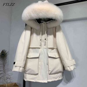 Chaqueta de plumón de piel extra grande para mujer, cuello de zorro natural, pato blanco, Parkas gruesas, nieve cálida, ropa exterior larga 210423