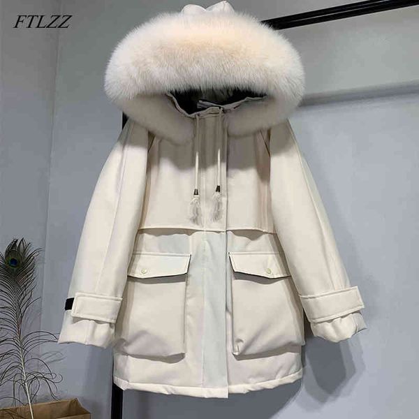 Hiver Extra Large Fourrure Down Veste Femmes Naturel Fox Col Blanc Canard Épais Parkas Chaud Neige Longue Vêtements D'extérieur 210423