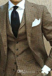 Tuxedos de marié en tweed marron à la mode d'hiver revers cranté deux boutons hommes smokings de mariage excellents hommes costume de dîner (veste + pantalon + cravate + gilet) 97