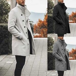 Winter Mode Mannen Medium Lange Wollen Jas Casual Stand Collar Trench Coat Button Uitloper Overjas Zwart Grijs