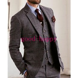 Mode d'hiver Plaid Groom Smoked Notch revers revers deux boutons côté évacuation des hommes de mariage smokings hommes formelle Dîner Costume de soirée (veste + pantalon + cravate + gilet)