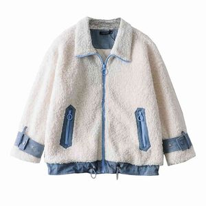 Mode d'hiver épissé cordon denim fausse fourrure d'agneau manteau femmes mode fermetures à glissière col rabattu veste en cachemire 210520