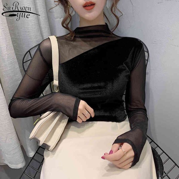 Hiver Fashion Trend Western Style Sexy Hollow Turtleneck à manches longues Chemise Femme Mesh Top Solide Slim Shirts Femmes 11258 210417