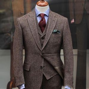 Winter Mode Tweed Bruidegom Tuxedos Notch Revers Tweeknop Mannen Bruiloft Tuxedos Mannen Formele Business Party Suit (Jas + Broek + Tie + Vest) 1896