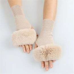 Winter Fashion Women 'Breaked Real Rex Rabbit Buring Fingerless Gloves Cuffs Girl's Warm Mitts Pols Warmer Elastic Fluffy 231222