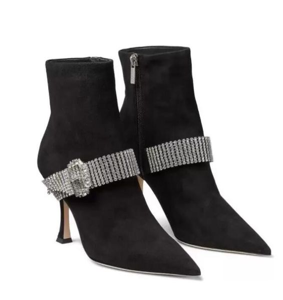 Bottines d'hiver en cuir et daim pour femmes, dessus pointu, bottes à la mode en cristal avec talons hauts et semelles en laque rouge