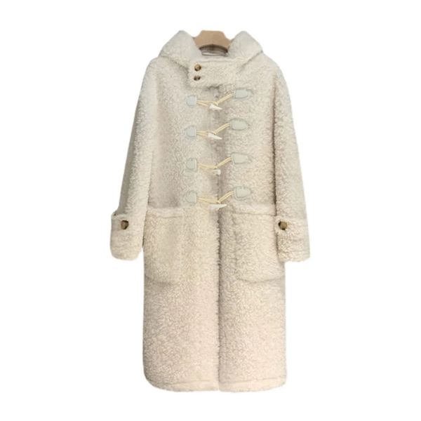 Moda de invierno Parka de piel para mujer Lujoso botón de cuerno femenino 100% lana abrigo largo con capucha cálido de gran tamaño