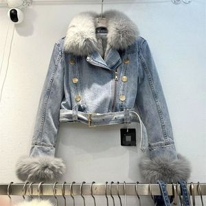 Winter Faux Bontkraag Riem Blauw Warm Denim Jasje Vrouwelijke Vintage Casual Bontvoering Double Breasted Metalen Knopen Vrouwen Uitloper 240118