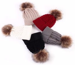 Hiver fausse fourrure pompom balle tricot cocotte chapeau pour nouveau-né pour enfants en laine Caps crochet chaud