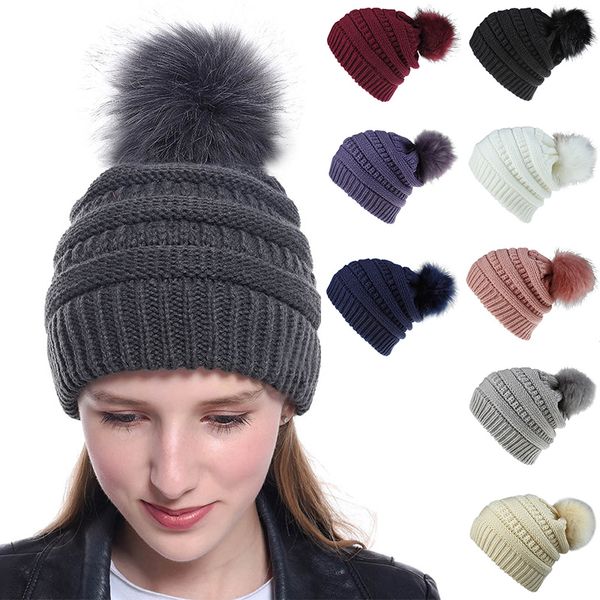 Bonnet tricoté en fausse fourrure pour femme, bonnet en laine, à rayures chaudes, au Crochet, cadeau de noël, M259O, hiver