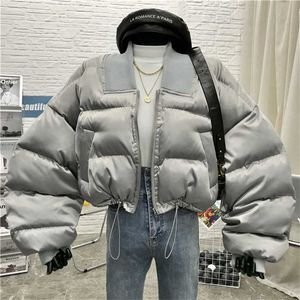 Winter féminin vestes coréen taille haute taille haute femme manteau de pain femme automne gloosy col en V veste à manches longues 211216