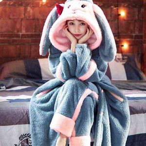 Winter flanel pyjama set voor vrouwen dier dikke warme schattige lange mouwen nachtkleding losse pyjama pak homewear kleding 211109