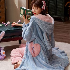 Winterflanellen pyjama's sets voor vrouwen schattige konijnenoren in nachthemd dikke warme slaapkleding zoete meiden pyjama slaapjurk