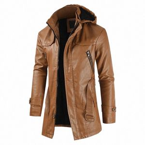 Winter Fleece Leren Jas Mannen Effen Kleur Capuchon Warme Motorjassen Fi Lg Leren Jas Heren PU Geul Bovenkleding o5PU #