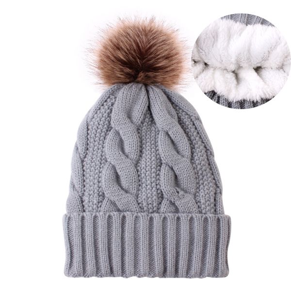 Gorro forrado de lana para mujer, gorros más gruesos con pompón de piel, gorro tejido con bolas, gorros para niña, gorro cálido con forro polar, gorro informal