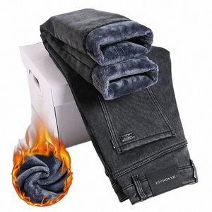 Hiver polaire Stretch Jeans pour hommes Fi Slim confortable Cott pantalon droit chaud mâle marque vêtements Denim pantalon x6ME #