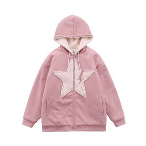 Chaqueta de ante polar de invierno, ropa de calle, parche de estrella bordado de Hip Hop, abrigo con capucha borroso con cremallera, chaquetas cálidas gruesas de felpa Harajuku