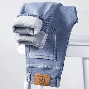 Winterfleece dikke warme jeans Klassiek merk Business Casual Heren Getailleerd Recht Stretch Midhoge taille Denim 240113