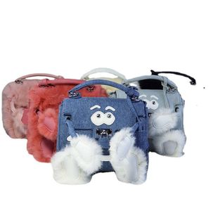 Winter Flauschige Cartoon Umhängetasche Mode Neue Japanische Koreanische Monster Augen Lächelndes Gesicht Augenbraue Handtasche Echtes Kaninchenhaar Schräge Schulter Handheld Frauen Tasche