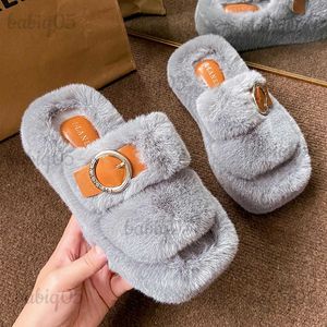 Winter Pluizige Thuis 2023 Nieuwe Warme Bont Slippers Voor Vrouwen Platte Platform Gezellige Fuzzy Huis Indoor Schoenen Koreaanse Slides T231104