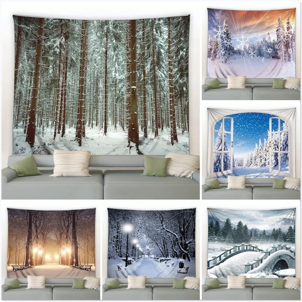 Tapiz de paisaje de bosque de invierno, copo de nieve blanco, árbol de Navidad, pino, manta para colgar en la pared, sala de estar, dormitorio, decoración, cortina 240117