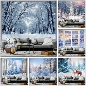 Forêt d'hiver scène de neige tapisserie tenture murale arbre de noël bonne année chambre salon Patio tenture murale décor mural 240115