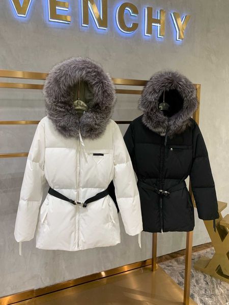 Veste en duvet d'hiver pour femme avec col à gros cheveux, duvet de canard blanc rempli de ceinture, amincissant la taille, surface d'importation au vent et à l'eau.