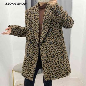 Abrigo de mezcla de lana con patrón de leopardo de estilo libre de invierno con cuello entallado de manga larga Blazer medio para oficina prendas de vestir exteriores para mujer 210429