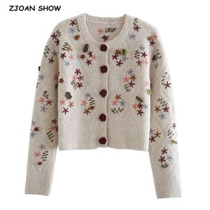 Hiver français 3D Crochet fleurs tricoté Cardigan Kawaii rétro pull manteau boutons centraux femme à manches longues pull court 210429