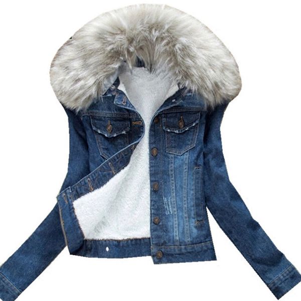 Hiver Col De Fourrure Denim Vestes Plus Velours Chaud Parka Survêtement Femmes Cachemire Coton Manteau Fille De Mode Veste Femme 201106