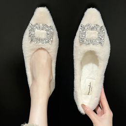 Zapatos planos de piel de invierno para mujer, zapatos planos con punta puntiaguda de cristal de lujo, zapatos náuticos sexis para mujer, mocasines de diseñador 240123
