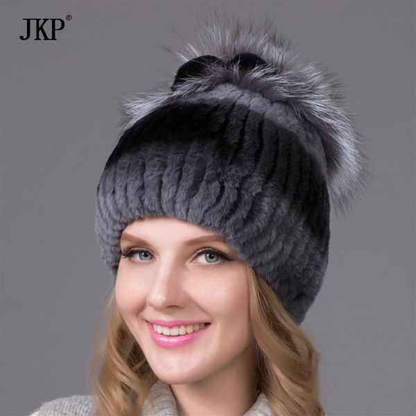 Chapeau de fourrure d'hiver pour femmes, chapeau en vraie fourrure de rex avec bonnets tricotés à fleurs argentées, cap317i