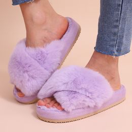 Winter Fuzzy Femenino Mujeres casuales Flip Flip zapatos esponjosos Sluyes Cross Dames Soft Fince Home Slippers Indoor 2 75