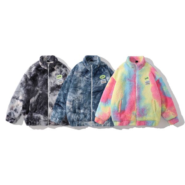 Hiver floue polaire doudoune Hip Hop Streetwear Harajuku arc-en-ciel cravate colorant coloré moelleux fermeture éclair manteau hommes Harajuku vestes chaudes
