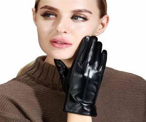 Gants d'hiver en cuir véritable pour femmes, doublure thermique en peau de mouton à écran tactile, mitaine chaude noire, gants de conduite à doigt complet 1317613
