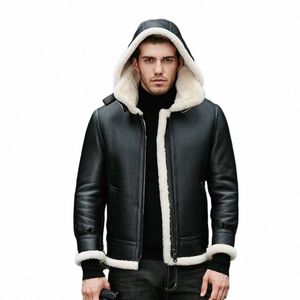 Winter Echte Heren Leren Jas Echte Bontjas Mannen Schapen Shearling Natuurlijke Bont Schapenvacht Jassen Capuchon Plus Size Aviator jas h4sq #