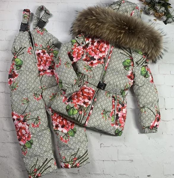 Chaqueta de invierno para niña, estampado de flores, piel auténtica, traje de nieve para niña de 0 a 12 años, abrigo para niña, mono infantil, monos 231229