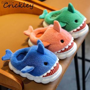 Winter Meisjes Jongens Slippers 2022 Cartoon Shark 3D Warm Pluche Kinderen Indoor Slippers Antislip Platform Slaapkamer Kinderen Huis schoenen L230704