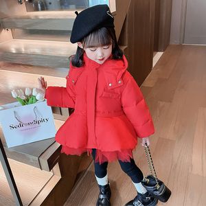 Chaqueta de plumón para niña de invierno con capucha abrigo de encaje de moda rojo