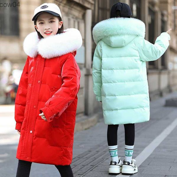 Chaqueta larga de invierno a la moda para niñas, abrigo con capucha y cuello de piel sintética para niños, prendas de vestir para adolescentes con plumón de pato blanco grueso para niños XMP147 L230625