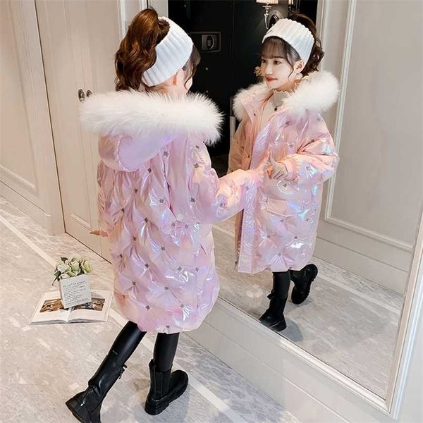 Filles d'hiver à capuche col de fourrure manteau de coton mi-longueur enfants rembourré veste de neige chaude enfants mode imperméable vêtements d'extérieur TZ788 211203