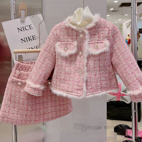 Winter Girls Plaid Loolen Roupos Sets Kids Plelight Round Collar Pérolas Únicas Saias de Rases de Roupa 2pcs Crianças Espalhar roupas Princessos Z5666