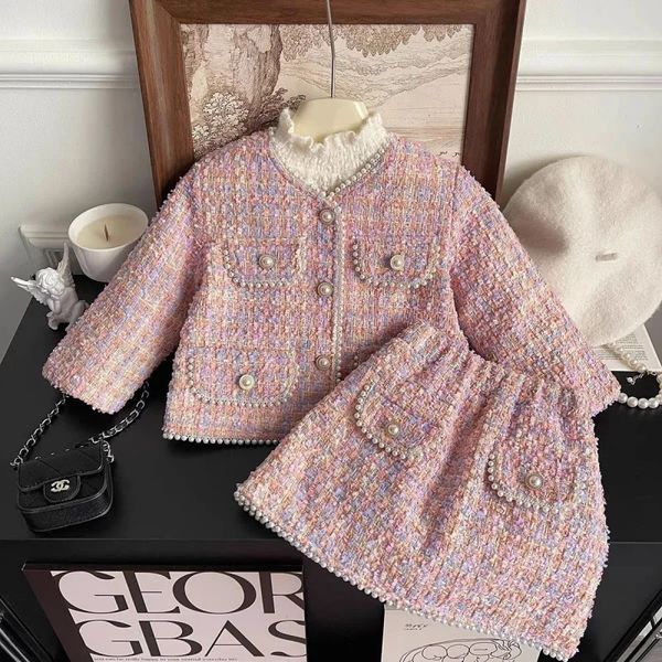 Tenue élégante en Tweed pour filles, jupe en coton pour bébé, costume d'hiver, 240301