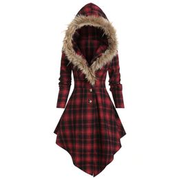 Winter Gothic Red Plaid Faux Bont Hooded Goth Terug Lace-Up Button Lange Mouw Plus Size Dames Jurk 201008