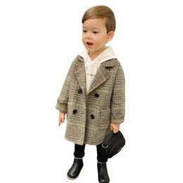 Winter Grid Jackets Boys Girl Wollen Dubbele breasted Baby Boy Trench Coat Rapel Herfst Kids Outerwear Coats Spring Wool Overjas