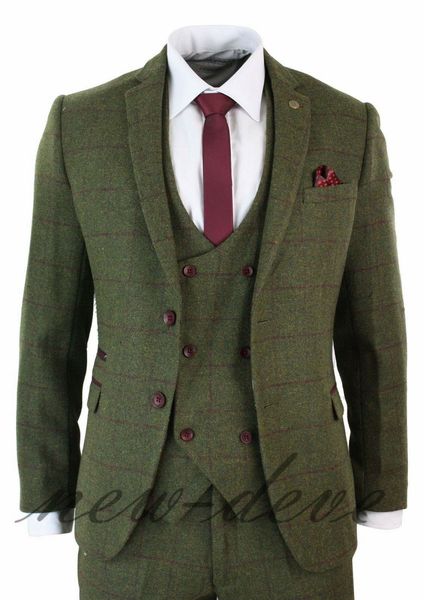 Hiver beau nouveau vert olive 3 pièces tweed hommes costume de mariage coupe ajustée revers cranté marié porter image réelle blazer (veste + gilet + pantalon)