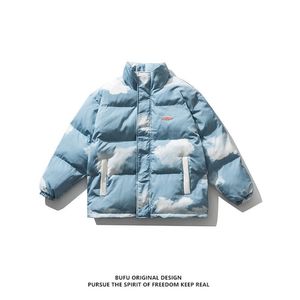 Hiver Harajuku coton rembourré veste hommes Parka bleu ciel nuages imprimer Streetwear unisexe Couples surdimensionné Baseball manteau 211124