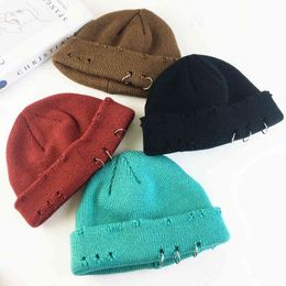 Hiver Harajuku femmes Skullies tricoté mode chaud épais chapeau automne Hip Hop trou bonnets unisexe casquette de base Pj009