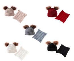 Chapeau d'hiver écharpe garçons filles Pom Pom casquette ensemble enfants hiver tricoté coton bonnets mignon fourrure boules bébé chaud casquettes foulards ensemble LJJA3087694299